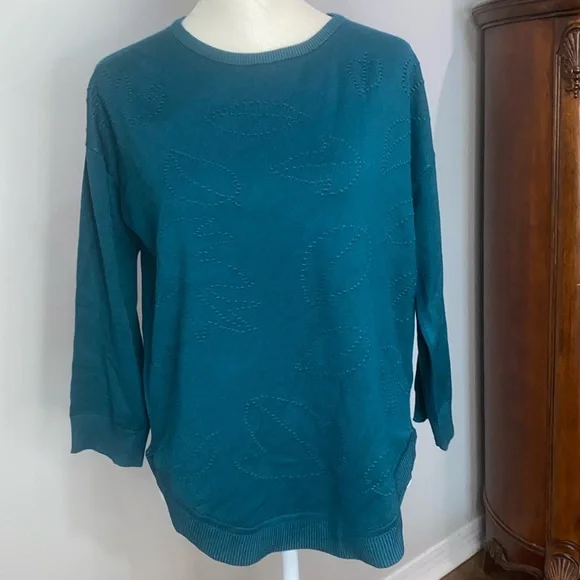 Cable & Gauge teal green leaf pattern half sleeve sweater size medium NWT - Picture 5 of 6
